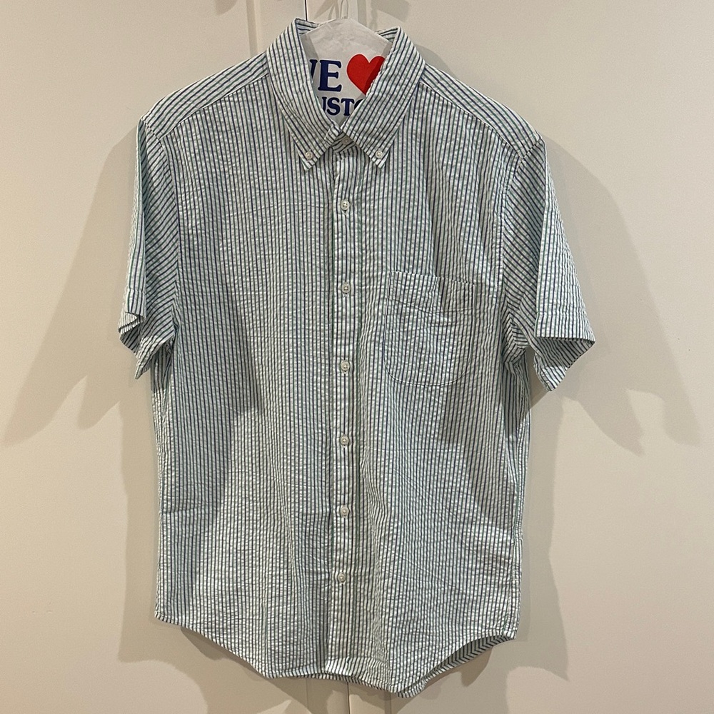 J. Crew Green and White Striped Button Down Shirt